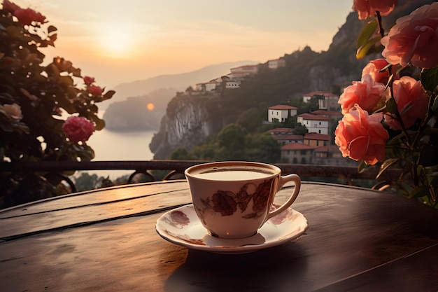 Foto una generosa tazza di caffè su un vassoio di legno