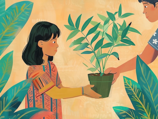 Foto il generoso dono un ragazzo e una donna si scambiano una pianta in vaso
