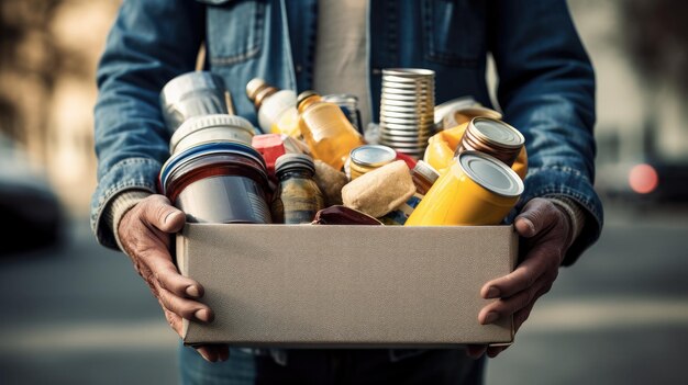 Щедрый образ Человек с коробкой пожертвований, наполненной различными продуктами, подчеркивающими дух благотворительности и поддержки нуждающихся