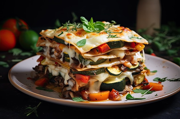 A generous portion of vibrant vegetable lasagne layered with melted Mozzarella served on a white pla