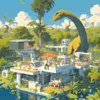 Photo genetic labs vibrant island paradise with dinosaurs