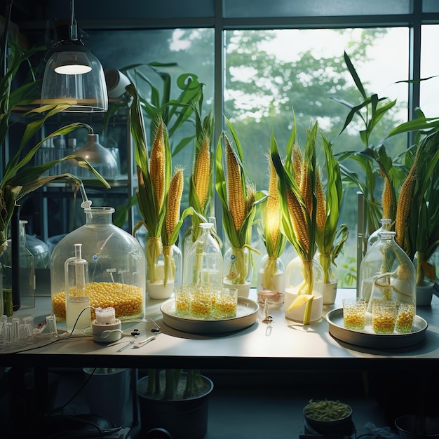 Foto genetisch gemodificeerde maïs in het concept van de modificatie van groenten in het laboratorium