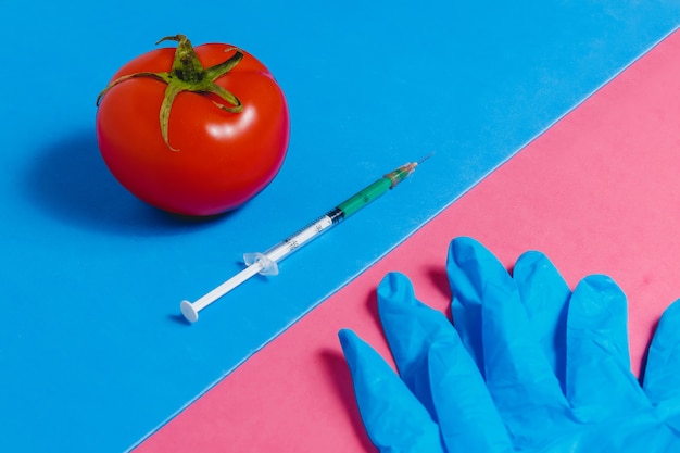 Genetisch Gewijzigd Voedselconcept op Roze en blauwe achtergrond
