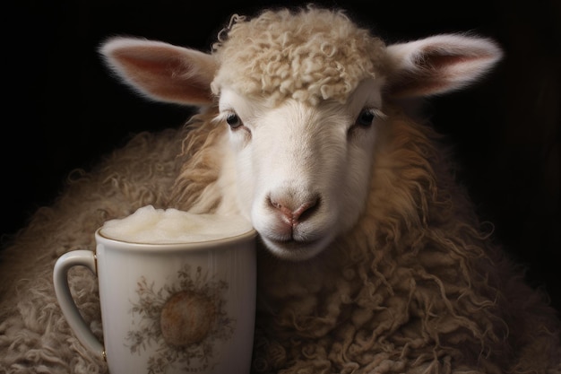 Genial Sheep next to the warm drink cup Generate ai