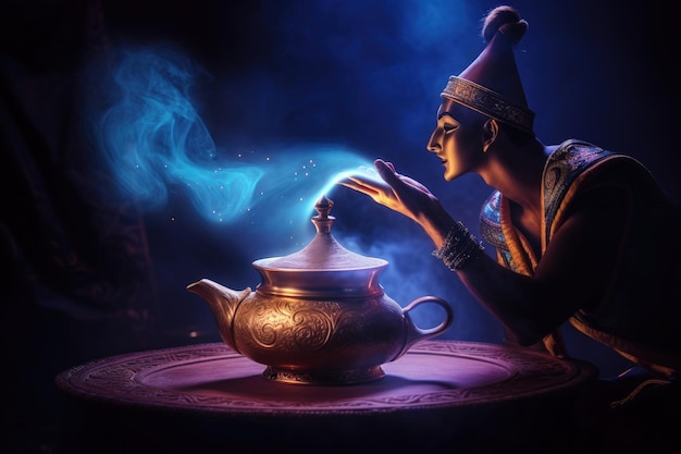The genie blows the dust off the magic lamp