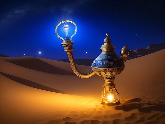 Foto il genio nel deserto di notte emerge dalla lampada ad olio di aladdin