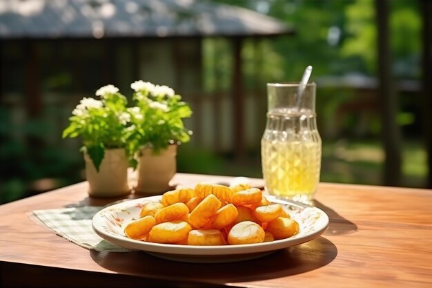 Geniet van brunch snacks in de gezellige tuin met hertogin aardappel en ijs thee op de houten tafel