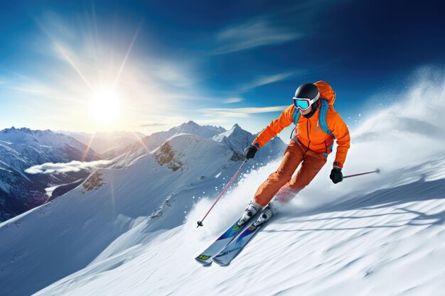 Geniet van de aanblik van een skiër die op een zonnige dag onder een blauwe hemel bergafwaarts wandelt in de hoge bergen. Th
