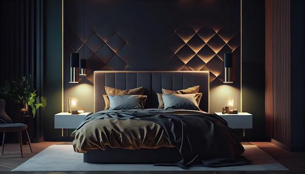 Geniet van de ambiance van een moderne luxe slaapkamer die door AI is gegenereerd