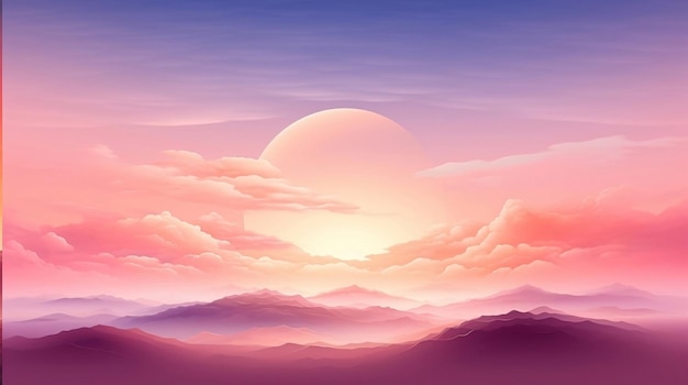 Geniet van de etherische charme Een roze hemel omarmt zachte wolken tijdens zonsondergang met een grote zon