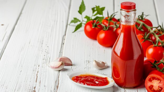 Foto geniet van de smaak een levendige tentoonstelling van ketchup en tomaten op een witte houten tafel