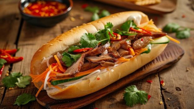 Geniet van de smaken van een Vietnamese varkensvlees Banh Mi broodje op een houten tafel