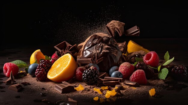 Geniet van een fruitig chocoladedessert met een explosie van smaak Gevangen in voedselfotografiestijl tegen een donkere achtergrond Generatieve AI