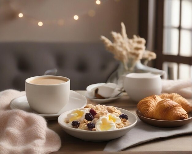 Foto geniet van een gezellige en troostende ontbijtscene compleet met een stoomende kop koffie ai genereren