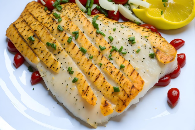 Foto geniet van een licht en smakelijk gerecht vis in een gerecht met smakelijke kruiden vis in een heerlijke saus