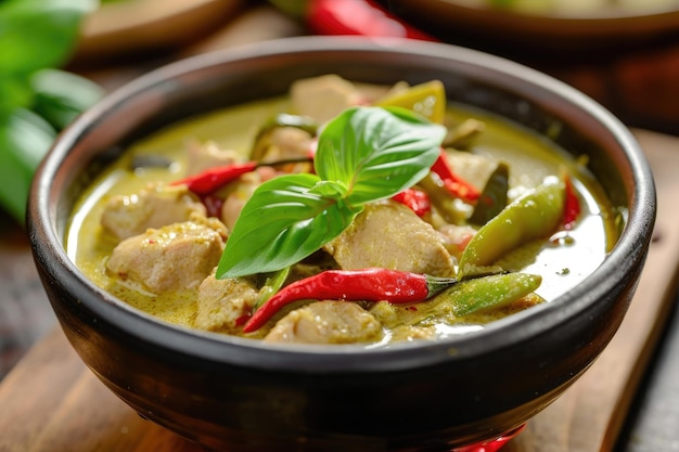 Geniet van het aroma en de smaken van een geurige schaal Thaise groene curry verrijkt met romige kokosmelk