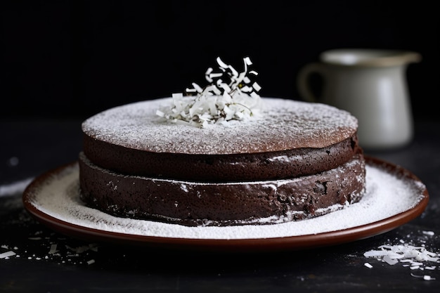 Geniet van het onweerstaanbare genot van een chocoladetaart met een beetje suikerpoeder. Een glanzende chocolade ganache taart met suikerpoeder.