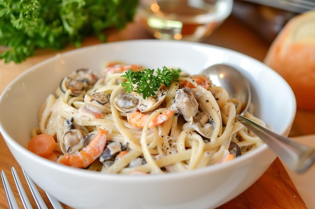 Geniet van Seafood Bliss Clam Linguine en Witte Wijn Sauce