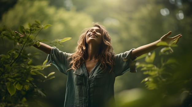 Genieten van de natuur jonge vrouw armen omhoog genieten