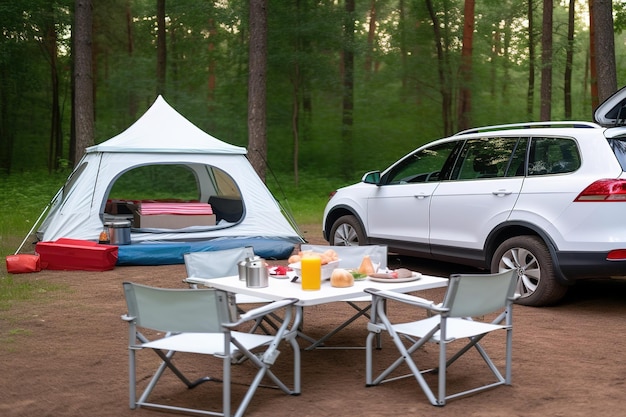 Genieten van de rustgevende natuur in het dennenbos Camping zomeractiviteiten Avontuurlijk reizen met autotent