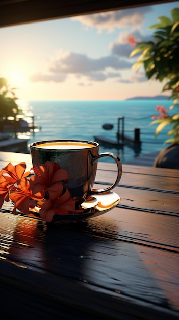 Foto genieten van paradijselijke thee of koffie met tropische scène op houten achtergrond verticaal mobiel behang