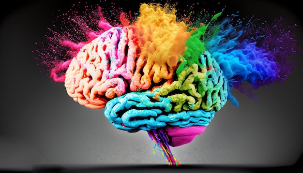 Гениальное искусство абстрактной живописи человеческого мозга с творческим акварельным всплеском, генерирующим искусственный интеллект