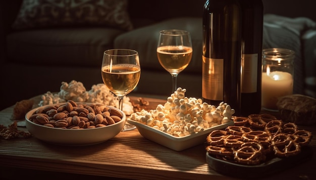 Genotvolle wijn en gourmet snacks op een rustieke tafel gegenereerd door kunstmatige intelligentie