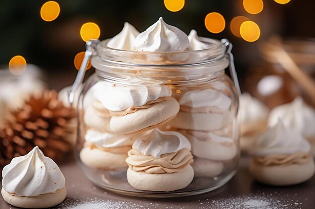 Foto biscotti di mandorle di meringa di mandorle in un barattolo di vetro sul tavolo