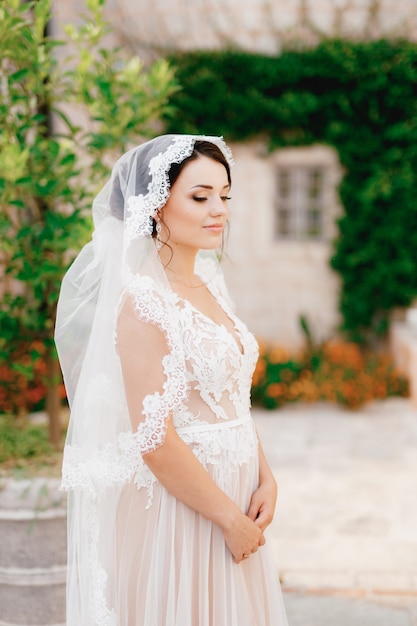 A gentle bride in a lace veil stands near a white house entwined with a vine in the old town