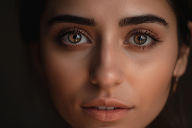 Gentle closeup of a woman39s brown eyes with warm brown eye shadow and peach blush