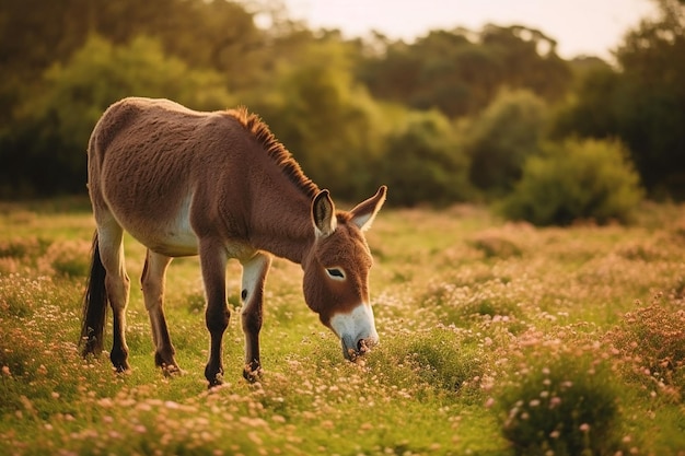 a gentle donkey grazing in a field AI generated