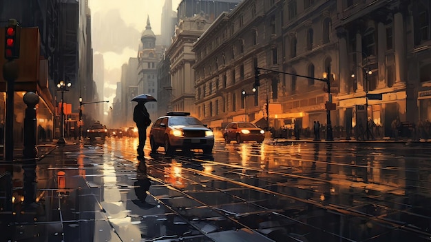 Gentle drizzle city streets transform into a canvas of puddles where raindrops create captivating reflections of the surrounding architecture Generated by AI