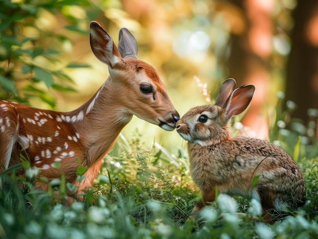 Нежная встреча пятнистого фауна и дикого кролика в пышном лесу создает момент спокойствия