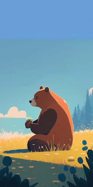 Gentle Giant A Large Cute Grizzly Bear Sitting in a Grassy Field