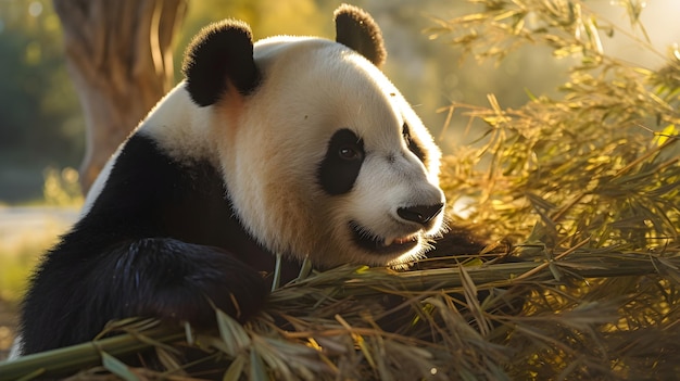 Gentle giant panda munching on bamboo