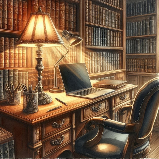 Нежный блеск знания антикварный стол ноутбук винтажная лампа акварель библиотечная иллюстрация