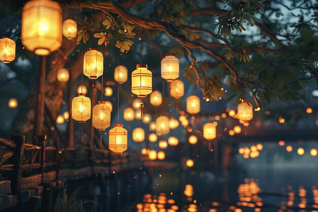 Photo the gentle glow of lanterns in a nighttime festiva