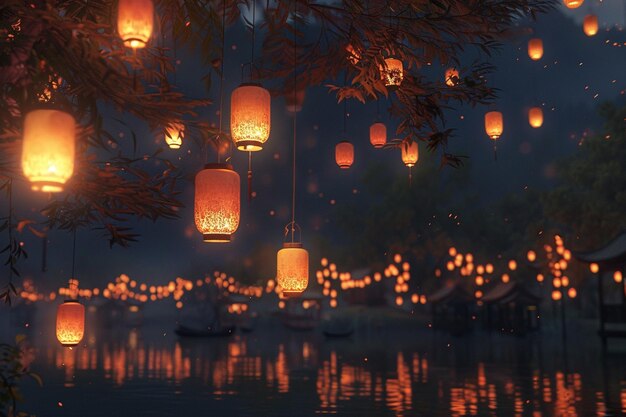 Photo the gentle glow of lanterns in a nighttime festiva