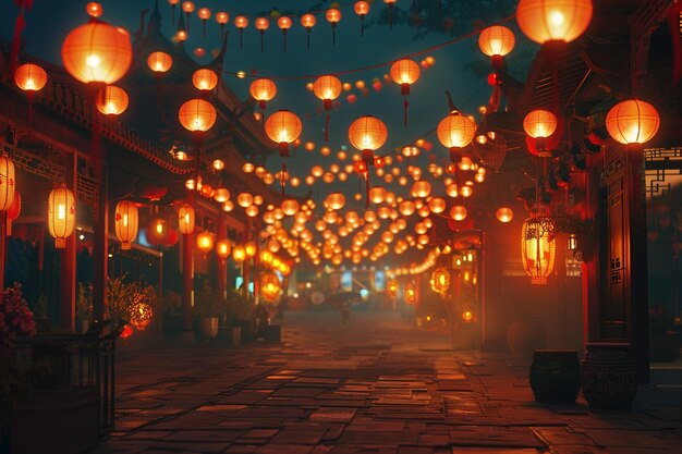 Photo the gentle glow of lanterns in a nighttime festiva