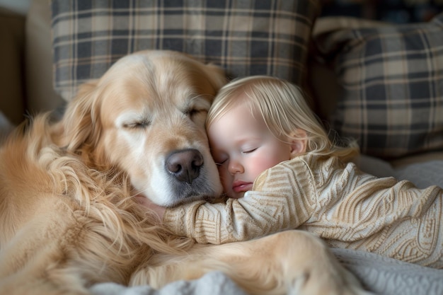 Gentle Golden Retriever cuddling with a sleepy toddler radiating pure love