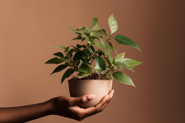 무성한 녹색 식물을 안고 있는 부드러운 손 Generative AI