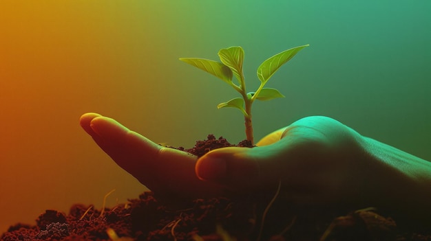 Gentle hand tenderly nurturing a young sprout in verdant soil embodying World Environment Day