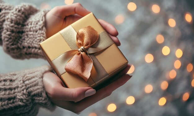 Gentle hands cradling a golden gift box with a satin ribbon against a backdrop of warm glowing lights