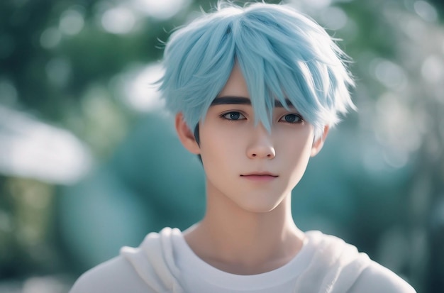 Photo a gentle and kindhearted anime boy with soft pastel blue hair