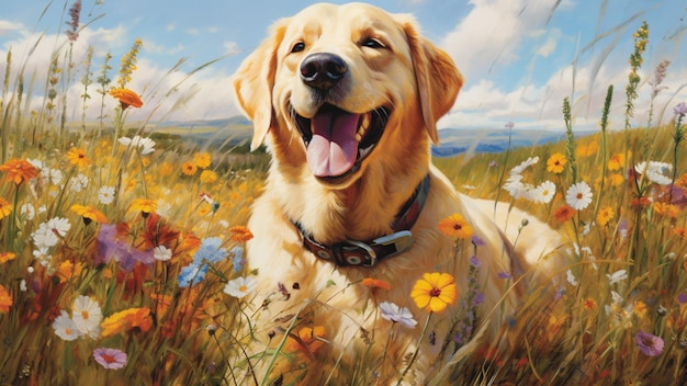 a gentle Labrador Retriever dogs in with vibrant wildflowers full HD ai generator wallpaper