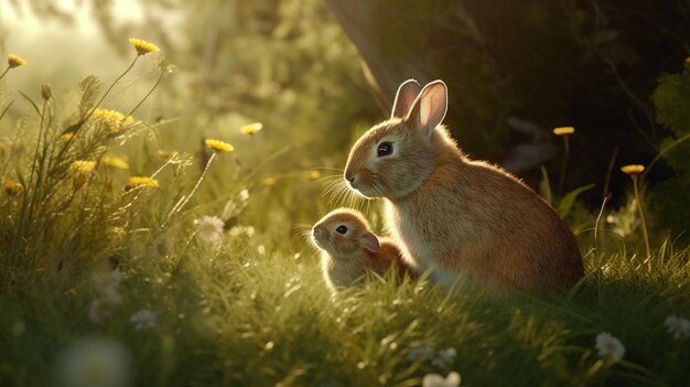 Photo gentle love rabbit mother tenderly cradling her young