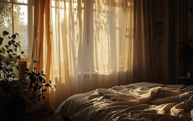 Нежный утренний свет проходит через шторы в спальне.