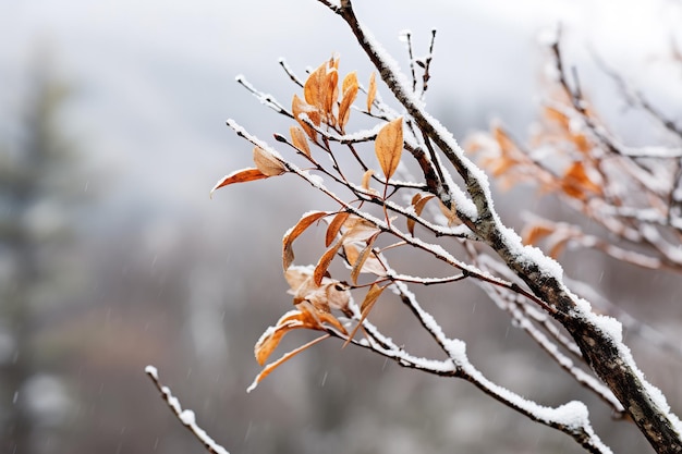 Gentle mountain forest breeze snowy sky backdrop swaying winter plants and serene branches in a tranquil natural scene