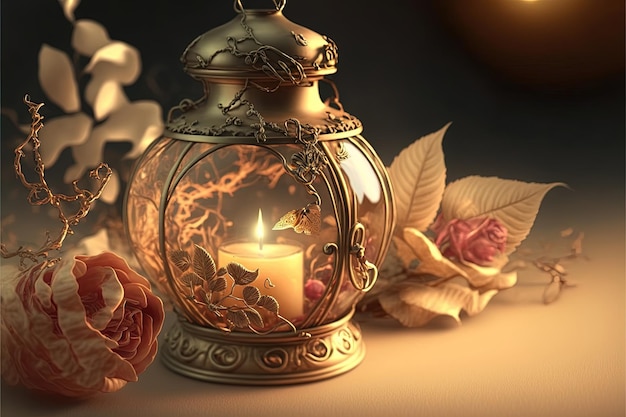 Gentle mysterious fairy tale background with flowers and burning candles Ai generated
