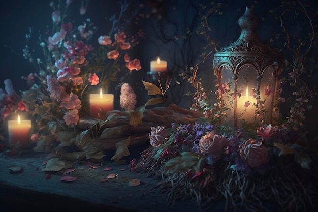 gentle mysterious fairy tale background with flowers and burning candles , creative ai